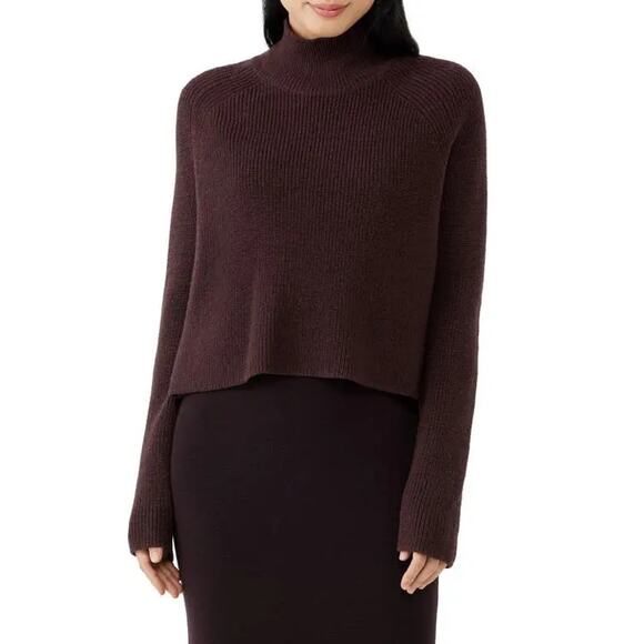 Eileen Fisher 100% Merino Wool Crop Turtleneck Sweater Knit Cassis Brown S - Picture 1 of 5